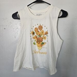 Mighty Fine Small Cream Sunflower Graphic Muscle Tee Tank Top Van Gogh Sunflower